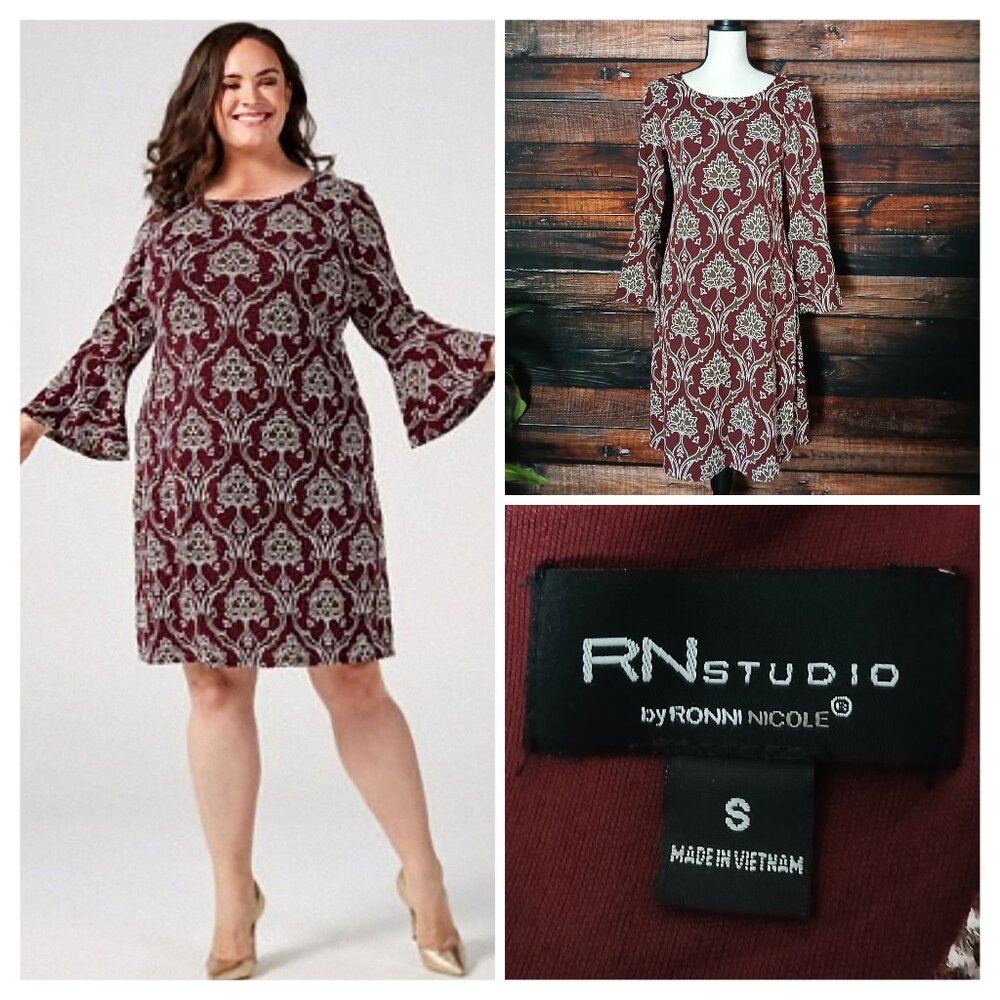 NWT RN Studio Ronni Nicole Dress S Damask Print Bell Sleeve Keyhole Knit